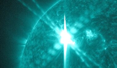 Image artifacts (diffraction spikes and vertical streaks) appearing in a CCD image of a major solar flare due to the excess incident radiation.