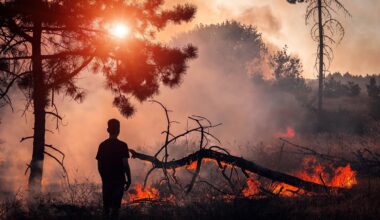 boy look at wildfire at sunset, burning pine forest in the smoke and flames.