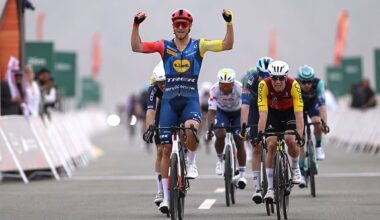 ALULA - CAMEL CUP TRACK, SAUDI ARABIA - JANUARY 27: (L-R) Jonathan Milan of Italy and Team Lidl - Trek celebrates at finish line as stage winner ahead of Milan Fretin of Belgium and Team Cofidis during the 6th AlUla Tour 2026, Stage 1 a 158km stage from AlUla Camel Cup Track to AlUla Camel Cup Track on January 27, 2026 in AlUla, Saudi Arabia. (Photo by Dario Belingheri/Getty Images)