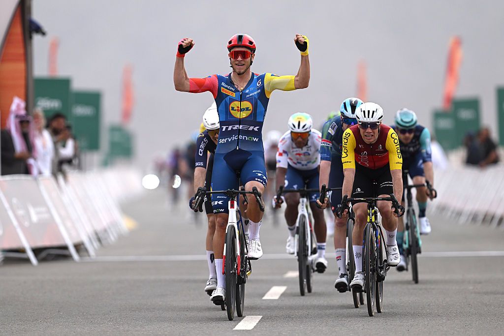 ALULA - CAMEL CUP TRACK, SAUDI ARABIA - JANUARY 27: (L-R) Jonathan Milan of Italy and Team Lidl - Trek celebrates at finish line as stage winner ahead of Milan Fretin of Belgium and Team Cofidis during the 6th AlUla Tour 2026, Stage 1 a 158km stage from AlUla Camel Cup Track to AlUla Camel Cup Track on January 27, 2026 in AlUla, Saudi Arabia. (Photo by Dario Belingheri/Getty Images)