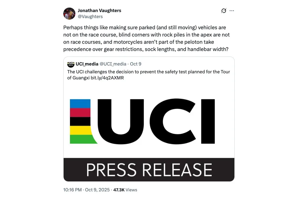 Screenshot of a tweet by EF Pro Cycling team boss, Jonathan Vaughters, decrying the UCI's inaction on safety in pro cycling