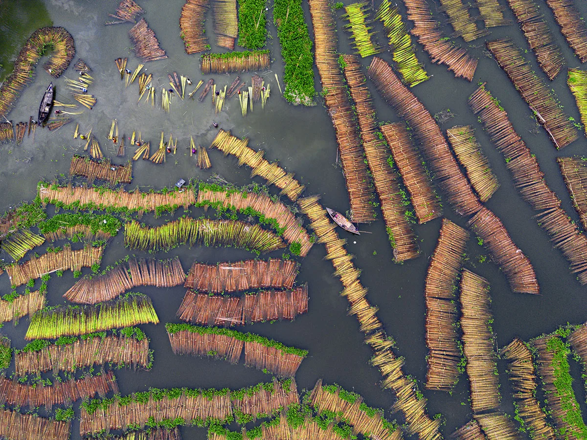 Aerial view of water textile harvest.