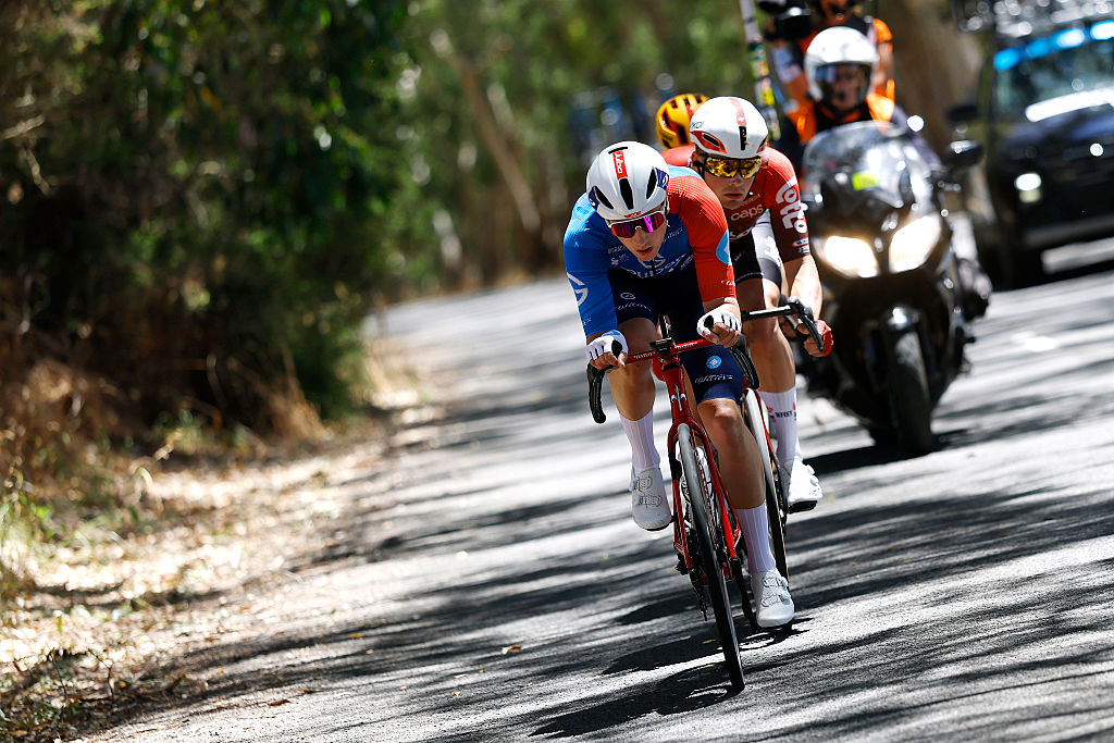 NAIRNE, AUSTRALIA - JANUARY 23: Enzo Paleni of France and Team Groupama - FDJ United leads the breakaway during the 26th Santos Tour Down Under 2026, Stage 3 a 140.8km stage from Henley Beach to Nairne / #UCIWT / on January 23, 2026 in Nairne, Australia. (Photo by Con Chronis/Getty Images)