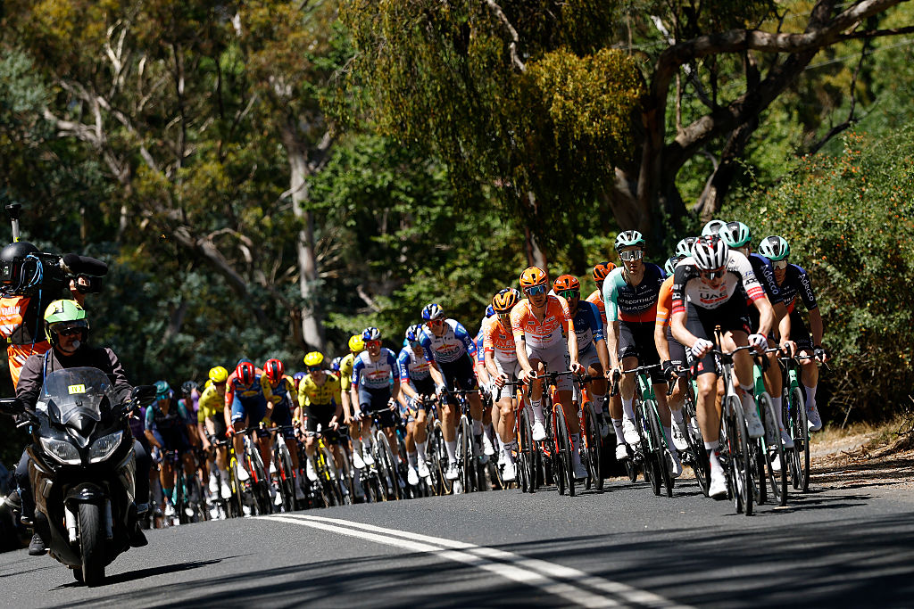 NORWOOD, AUSTRALIA - JANUARY 22: A general view of the peloton competing during the 26th Santos Tour Down Under 2026, Stage 2 a 148.1km stage from Norwood to Uraidla 495m / #UCIWT / on January 22, 2026 in Norwood, Australia. (Photo by Con Chronis/Getty Images)
