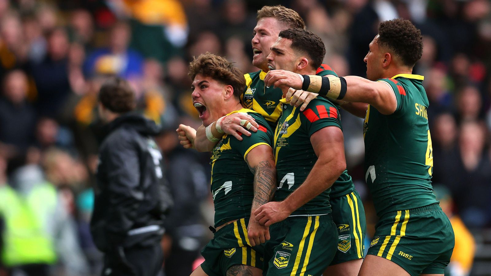 Reece Walsh celebrates his try for Australia in the opening game of the 2025 Ashes Series against England