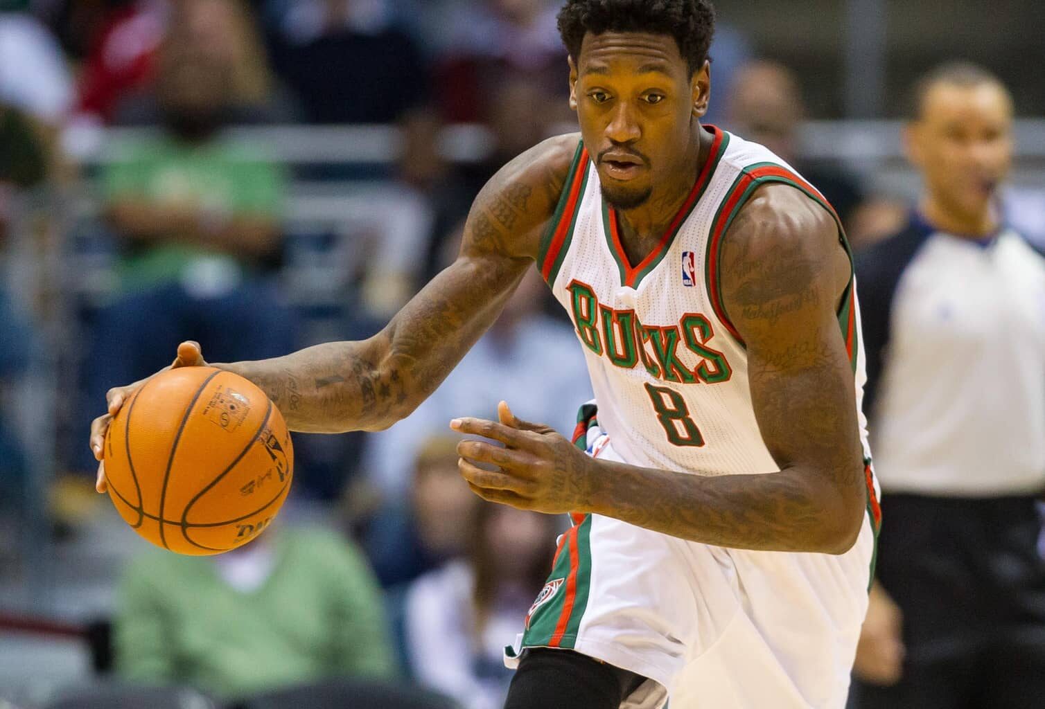 Milwaukee Bucks center Larry Sanders (8) during the game against the Phoenix Suns at the BMO Harris Bradley Center. The Bucks won 108-99.