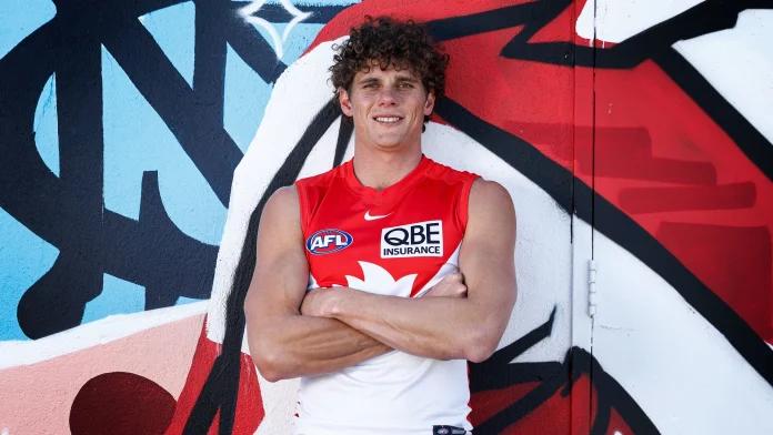 MELBOURNE, AUSTRALIA - OCTOBER 16: Charlie Curnow poses after being traded to Sydney during a Sydney Swans media opportunity in South Melbourne on October 16, 2025 in Melbourne, Australia. (Photo by Michael Willson/AFL Photos via Getty Images)
