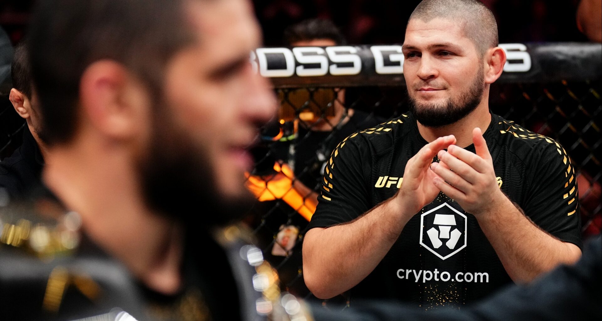 Khabib Nurmagomedov celebrates with Islam Makhachev at UFC 322