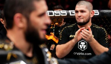 Khabib Nurmagomedov celebrates with Islam Makhachev at UFC 322