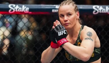 Valentina Shevchenko enters the Octagon for her fight at UFC 322