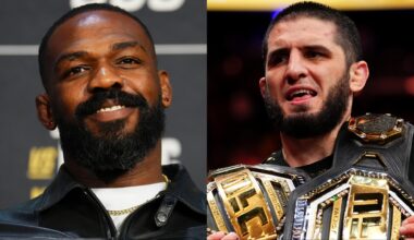 Jon Jones appears at the UFC 309 press conference, opposite Islam Makhachev after a win at UFC 322