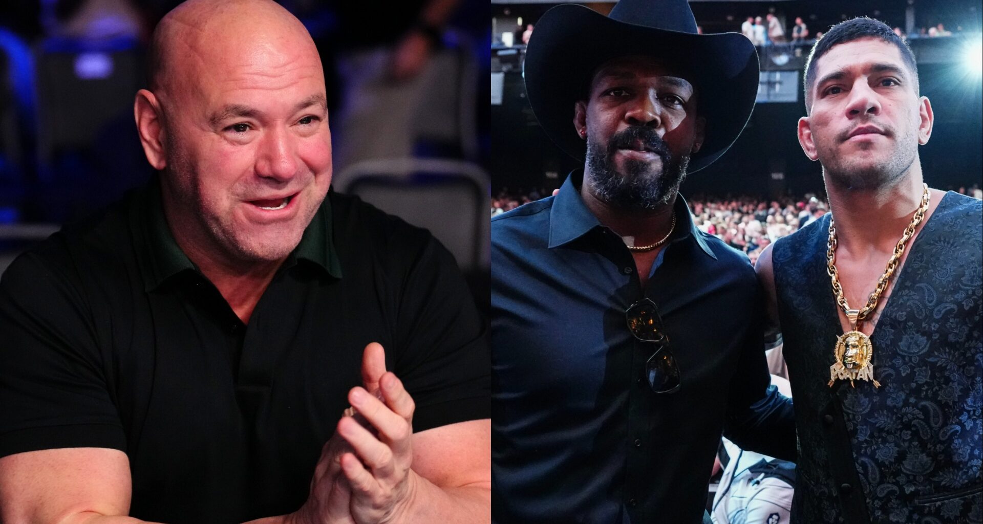 Dana White applauds after a UFC fight, opposite Jon Jones and Alex Pereira at UFC 306