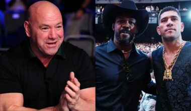 Dana White applauds after a UFC fight, opposite Jon Jones and Alex Pereira at UFC 306