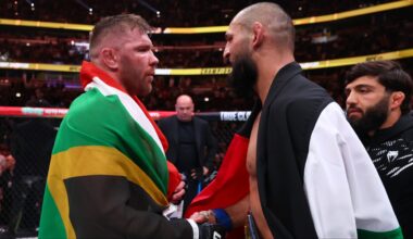 Dricus du Plessis congratulates Khamzat Chimaev after their fight at UFC 319