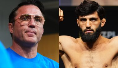 Chael Sonnen on the set of The Ultimate Fighter, opposite Arman Tsarukyan at the UFC Qatar ceremonial weigh-in