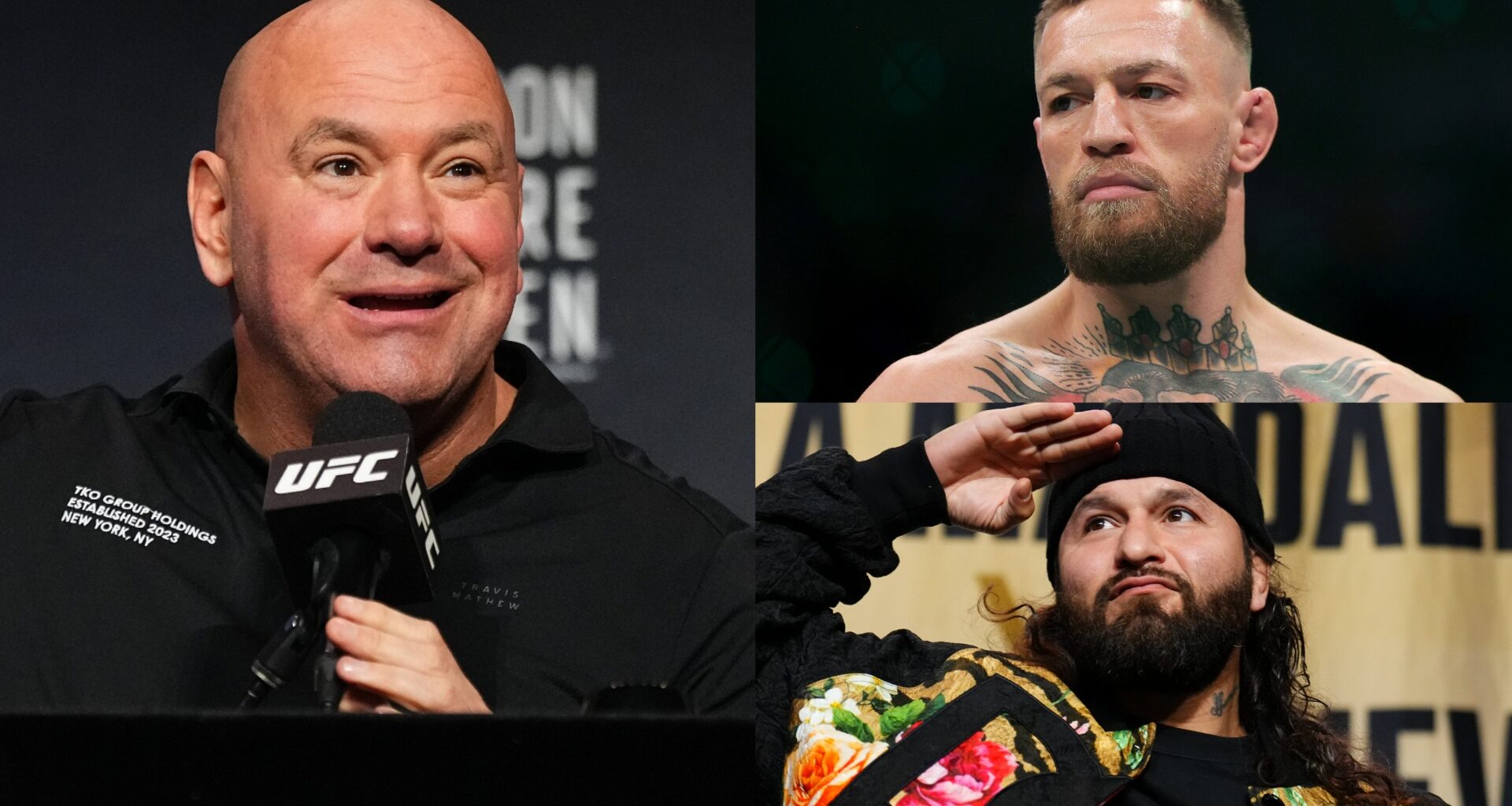Dana White appears at the UFC 322 press conference, opposite Conor McGregor at UFC 264 and Jorge Masvidal at a Q&A