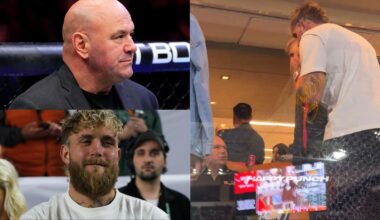 Dana White in the UFC Octagon, Jake Paul at a football game