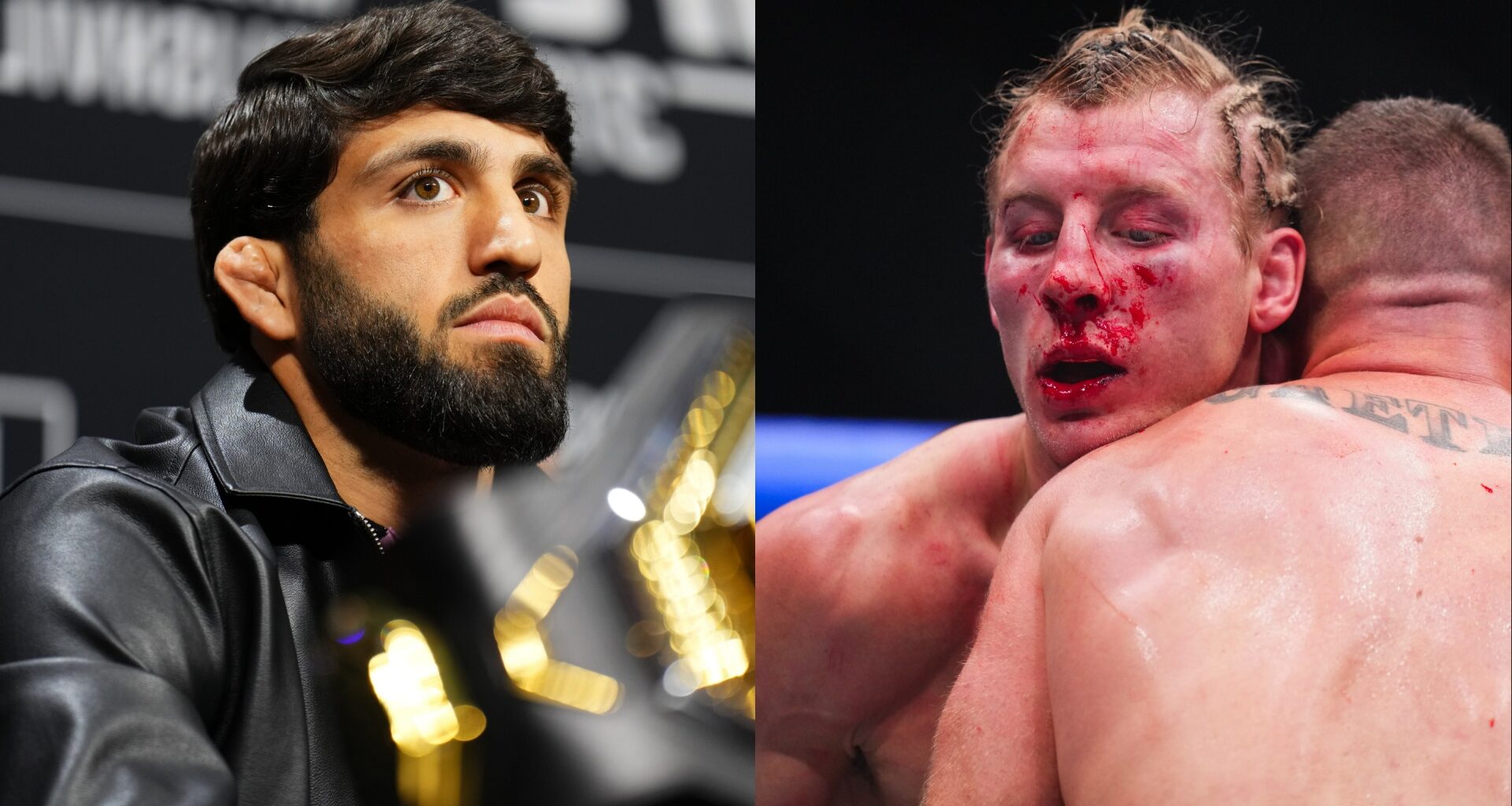 Arman Tsarukyan at the UFC 311 press conference, opposite Paddy Pimblett grappling Justin Gaethje