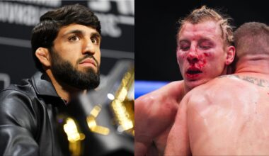 Arman Tsarukyan at the UFC 311 press conference, opposite Paddy Pimblett grappling Justin Gaethje