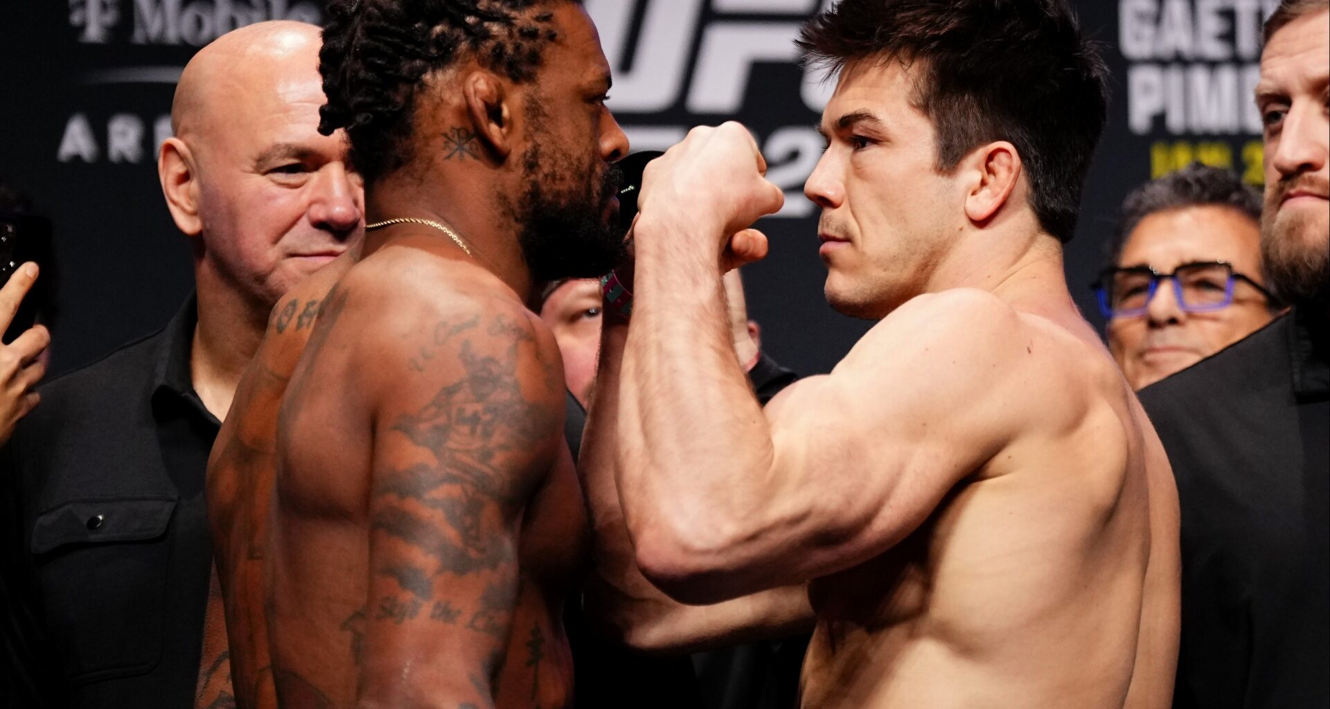 Michael Johnson and Alexander Hernandez face off at the UFC 324 ceremonial weigh-in