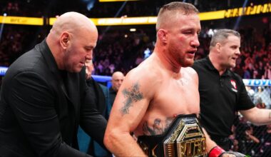 Justin Gaethje gets a UFC belt wrapped around his waist by Dana White at UFC 324