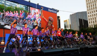 ADELAIDE, AUSTRALIA - JANUARY 16: A general view of Ben O'Connor of Australia, Luke Durbridge of Australia, Rudy Porter of Australia, Hamish McKenzie of Australia, Kelland O'Brien of Australia, Luke Plapp of Australia, Mauro Schmid of Switzerland and Ruby Roseman-Gannon of Australia, Ella Wyllie of New Zealand, Georgia Baker of Australia, Mackenzie Coupland of Australia, Amber Pate of Australia, Josie Talbot of Australia and Team Liv AlUla Jayco during the 26th Santos Tour Down Under 2026, Team Presentation on January 16, 2026 in Adelaide, Australia. (Photo by Con Chronis/Getty Images)