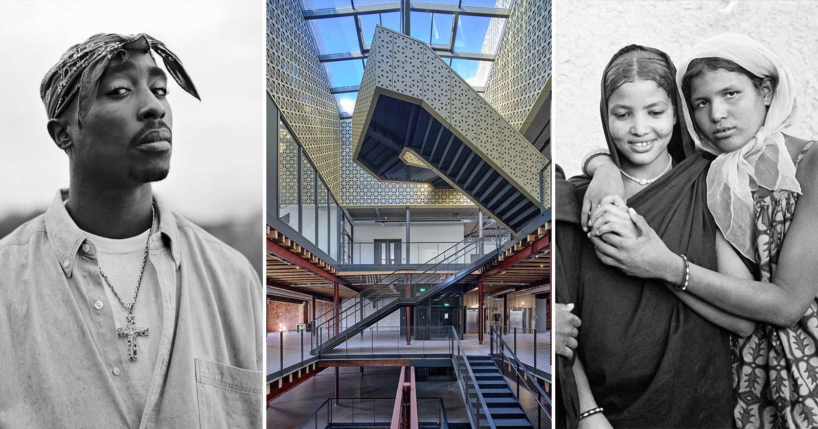 A collage with three images: a man with a bandana and a cross necklace, a modern building interior with a geometric staircase, and two women in traditional clothing smiling and standing close together.
