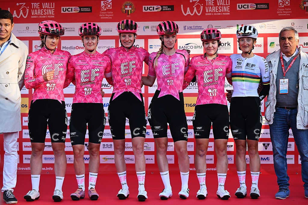BUSTO ARSIZIO, ITALY - OCTOBER 07: A general view of Magdeleine Vallieres of Canada, Cedrine Kerbaol of France, Noemi Ruegg of Switzerland, Letizia Borghesi of Italy, Mirre Knaven of Netherlands, Maya Kingma of Netherlands and Team EF Education-Oatly prior to the 5th Tre Valli Varesine Women&amp;apos;s Race 2025 a 137km one day race from Busto Arsizio to Varese on October 07, 2025 in Busto Arsizio, Italy. (Photo by Dario Belingheri/Getty Images)