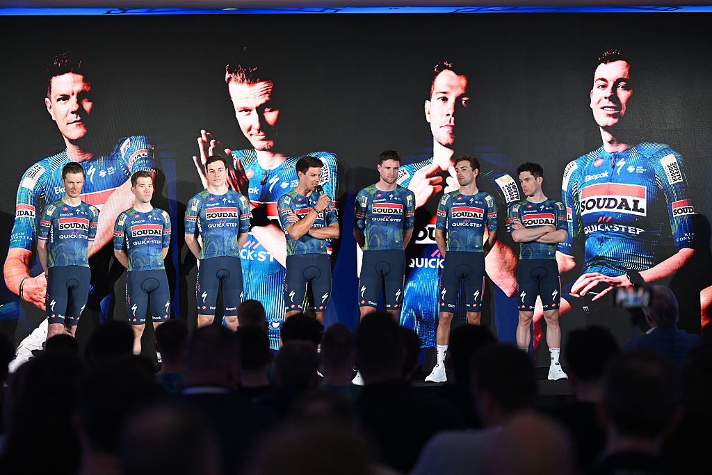 CALPE, SPAIN - JANUARY 08: (L-R) Dylan Van Baarle of Netherlands, Fabio Van den Bossche of Belgium, Steff Cras of Belgium, Jonathan Vervenne of Belgium, Jasper Stuyven of Belgium, Laurenz Rex of Belgium and Alberto Dainese of Italy during the Team Soudal Quick-Step 2026, Media Day on January 08, 2026 in Calpe, Spain. (Photo by Tim de Waele/Getty Images)