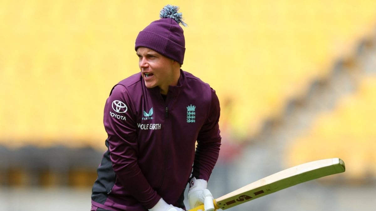 Sam Curran batting in wooly England hat