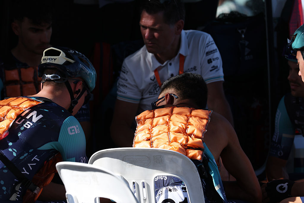 BRIGHTON, AUSTRALIA - JANUARY 24: Riders of Team Bahrain - Victorious with a cooling jacket before the the 26th Santos Tour Down Under 2026, Stage 4 a 130.8km stage from Brighton to Willunga / #UCIWT / on January 24, 2026 in Brighton, Australia. (Photo by Con Chronis/Getty Images)
