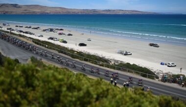 WILLUNGA HILL, AUSTRALIA - JANUARY 25: A general view of the peloton passing through Aldinga Beach landscape during the 25th Santos Tour Down Under 2025, Stage 5 a 145.7km stage from McLaren Vale to Willunga Hill 371m / #UCIWT / on January 25, 2025 in Willunga Hill, Australia. (Photo by Dario Belingheri/Getty Images)