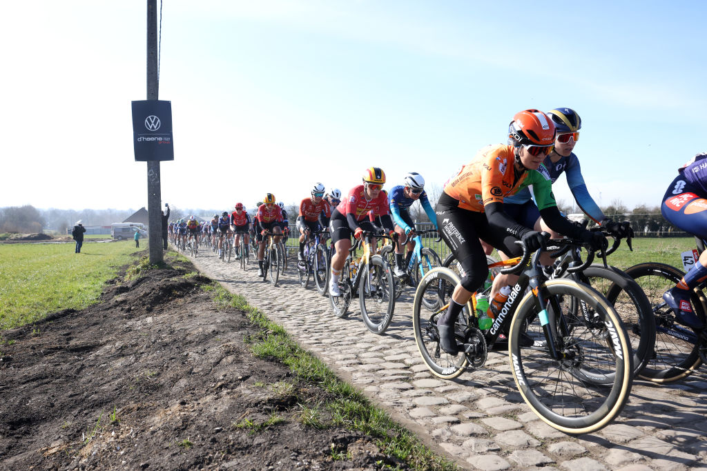 DOUR, BELGIUM - MARCH 04: Alicia Gonzalez of Spain and St Michel - Preference Home - Auber93 WE competes passing through a cobblestones sector during the 14th Le Samyn des Dames 2025 a 122km one day race from Quaregnon to Dour on March 04, 2025 in Dour, Belgium. (Photo by Rhode Van Elsen/Getty Images)