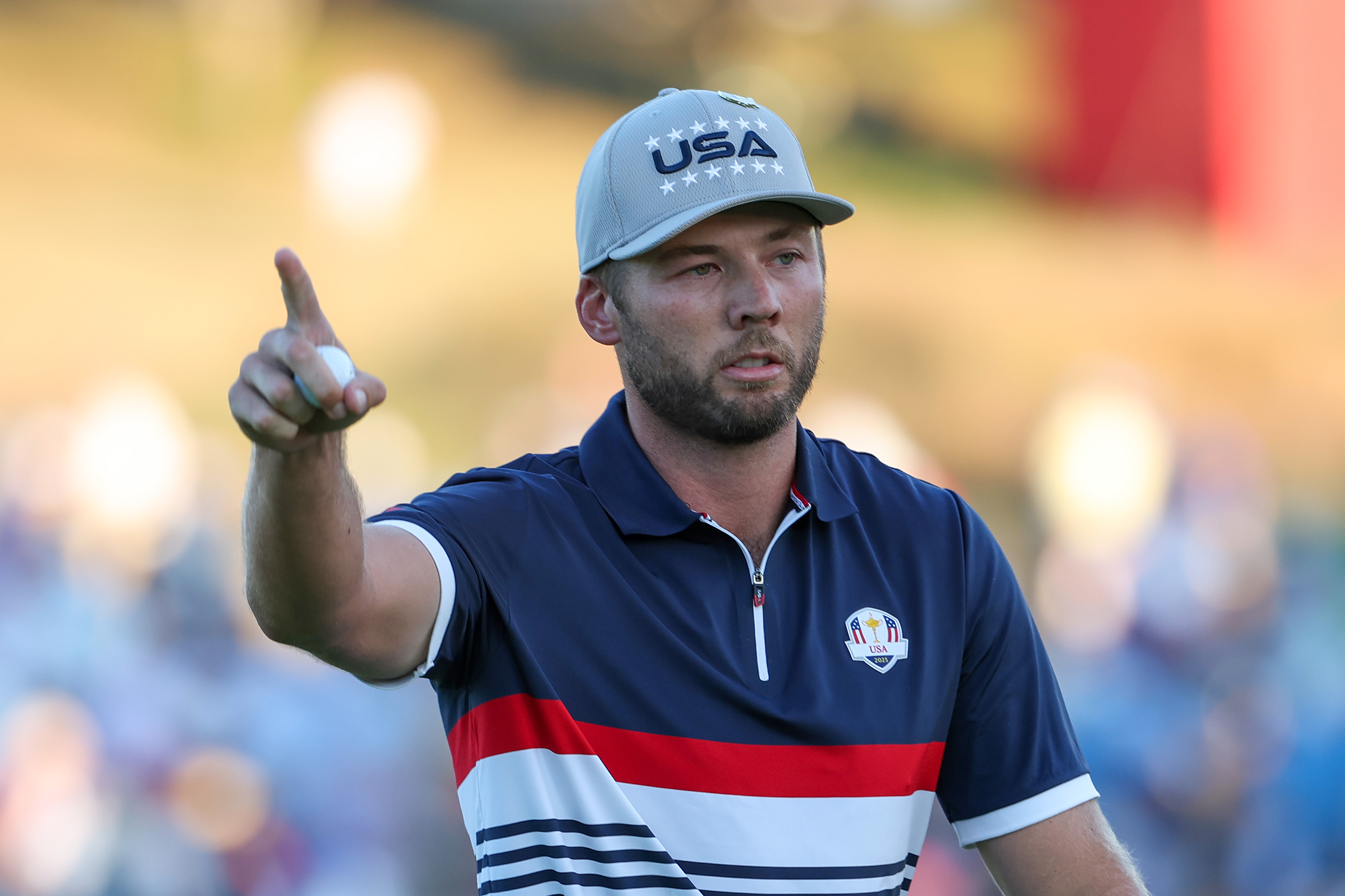 Sam Burns celebrates at the 2025 Ryder Cup