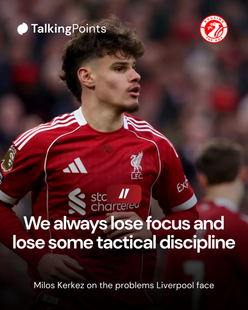 Milos Kerkez pictured in action during Liverpool's Premier League match against Brighton at Anfield.