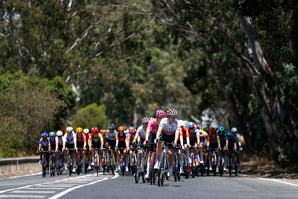 CAMPBELLTOWN, AUSTRALIA - JANUARY 19: Alena Ivanchenko of Russia and UAE Team ADQ leads the peloton during the 10th Santos Women&amp;apos;s Tour Down Under 2026, Stage 3 a 126.5km stage from Norwood to Campbelltown / #UCIWWT / on January 19, 2026 in Campbelltown, Australia. (Photo by Con Chronis/Getty Images)