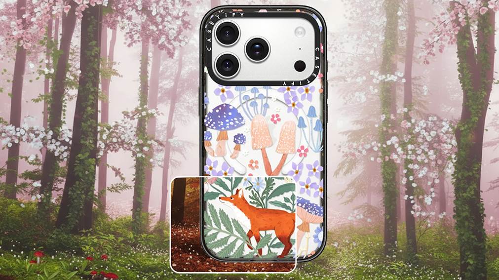 A CASETiFY wilderkind-inspired phone case over an image of a forest illustrating the wilderkind trend in art and fashion