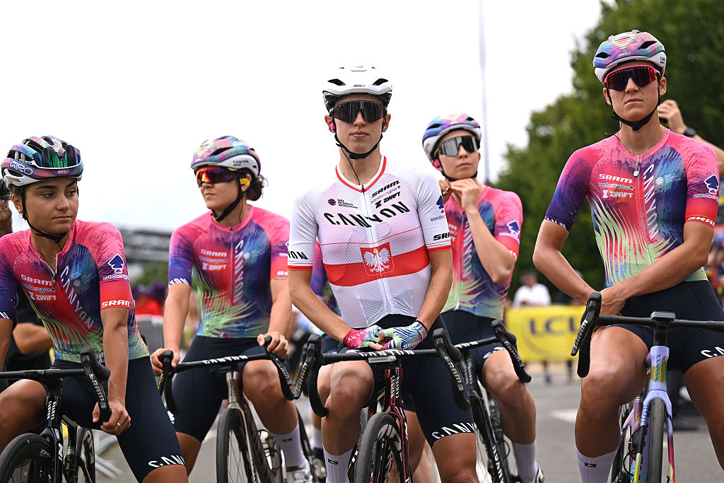 CHASSENEUIL-DU-POITOU, FRANCE - JULY 30: Katarzyna Niewiadoma of Poland and Team CANYON//SRAM zondacrypto prior to the 4th Tour de France Femmes 2025, Stage 5 a 165.8km stage from Chasseneuil-du-Poitou (Futuroscope) to Gueret / #UCIWWT / on July 30, 2025 in Chasseneuil-du-Poitou, France. (Photo by Szymon Gruchalski/Getty Images)