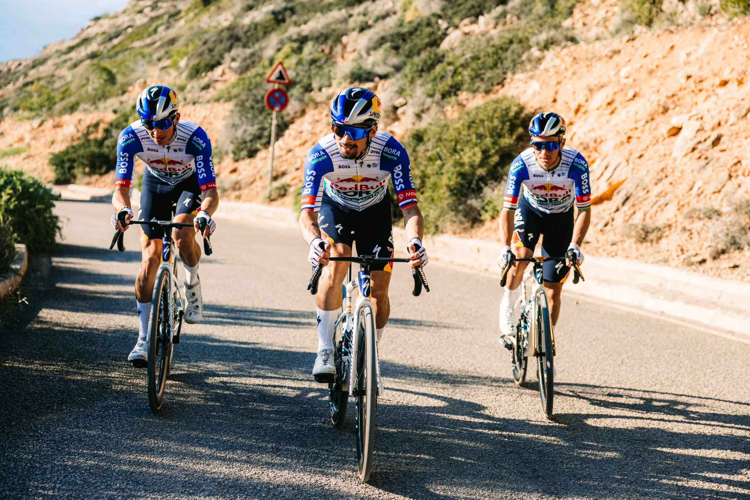 Primož Roglič, Florian Lipowitz and Remco Evenepoel of the Red Bull - BORA - hansgrohe team are photographed during a training session in Palma de Mallorca, Spain on December 8, 2025. // Maximilian Fries / Red Bull Content Pool // SI202601070309 // Usage for editorial use only //