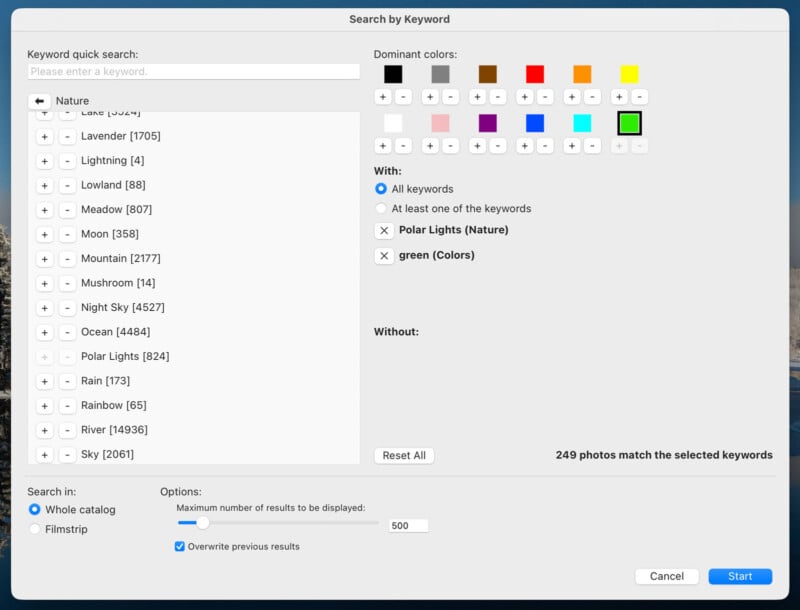 A software interface for searching photos by keyword and dominant color. The search includes "Polar Lights" under Nature and the color green, with options to filter results and display or overwrite previous results. 249 photos match.