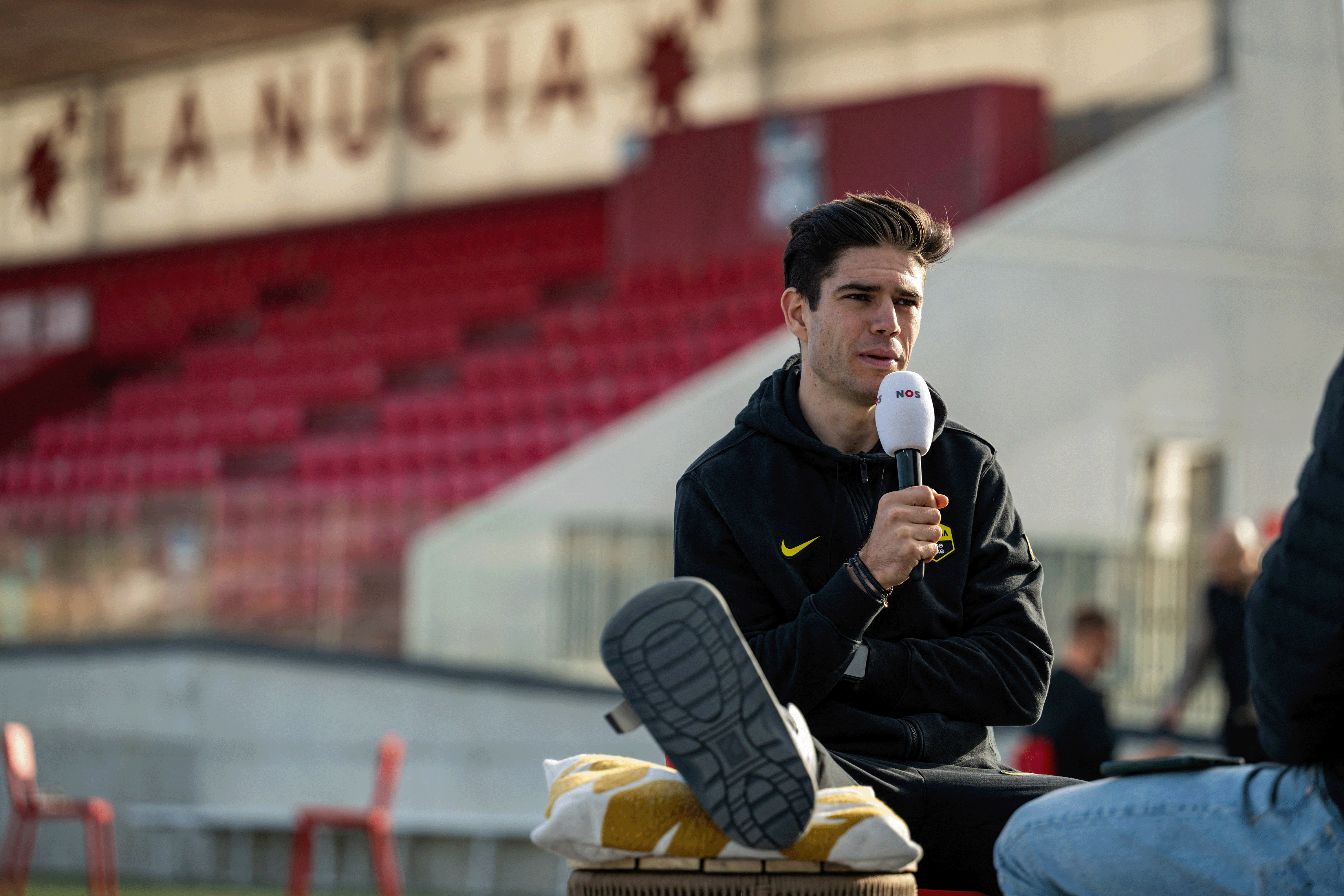 Belgian Wout van Aert pictured during the team presentation of the Team Visma-Lease a Bike cycling team in Alicante, Spain, Tuesday 13 January 2026. BELGA PHOTO DAVID PINTENS (Photo by DAVID PINTENS / BELGA MAG / Belga / AFP via Getty Images)