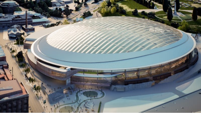 Rendering of Macquarie Point Stadium with roof closed