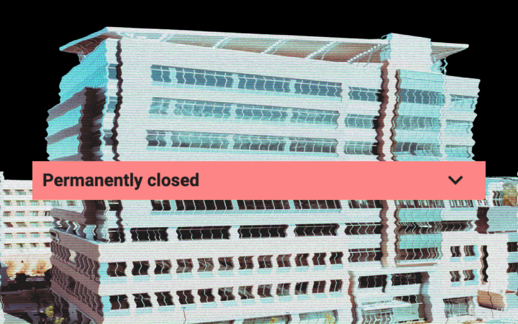 A photo of a medical building that previously housed the Metrodora clinic, with a filter making it appear as though it's shown on a TV with poor signal. On top of the building, a red bar reads, "Permanently closed."