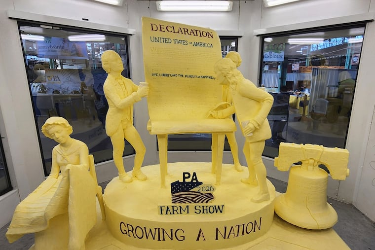 Agriculture Secretary Russell Redding unveiled the 2026 Pennsylvania Farm Show Butter Sculpture, a 1,000-pound sculpture that illustrates how defining moments in U.S. history and the evolution of agriculture have grown side by side to shape our nation. This year’s sculpture is titled, "A Toast to Our Nation’s 250th Anniversary: Inspired by Founders. Grown by Farmers." The Pennsylvania Department of Agriculture, American Dairy Association North East, and the Pennsylvania Dairy Promotion Program sponsored the sculpture. “The butter sculpture is a people-pleasing favorite every year at the Pennsylvania Farm Show,” Secretary Redding said.Created for America’s 250th anniversary, this year’s butter sculpture honors Pennsylvania’s pivotal role in the nation’s founding and the growth of American agriculture and our nation’s economy. Set in 1776 Philadelphia, the sculpture depicts Benjamin Franklin and the Founding Fathers at the signing of the Declaration of Independence, complete with a celebratory toast with milk. Patriotic elements, including the Liberty Bell, a tribute to Betsy Ross, and red, white, and blue accents underscore the spirit of the semi-quincentennial. At the same time, the base highlights Pennsylvania’s enduring agricultural heritage.