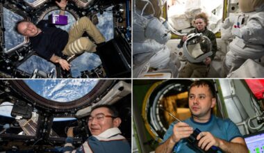foiur-photo montage showing four different astronauts &mdash; three men and one woman &mdash; aboard the international space station