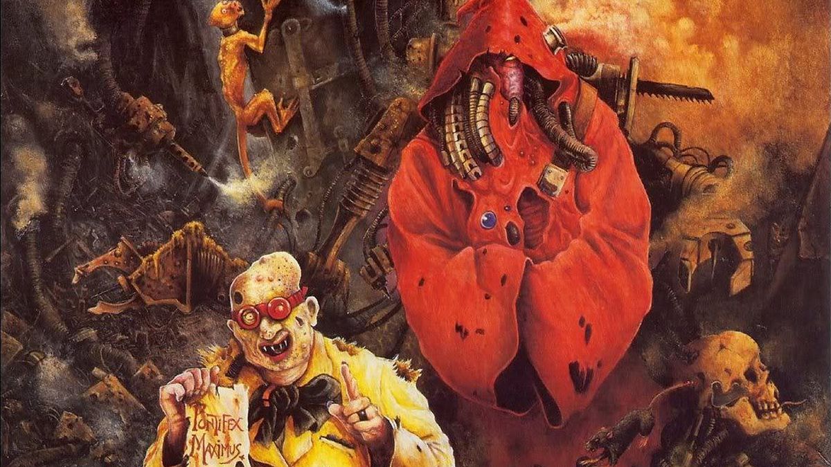 A tech-priest in red robes is heralded by a dodgy geezer holding paper that reads "Pontifex Maximus"