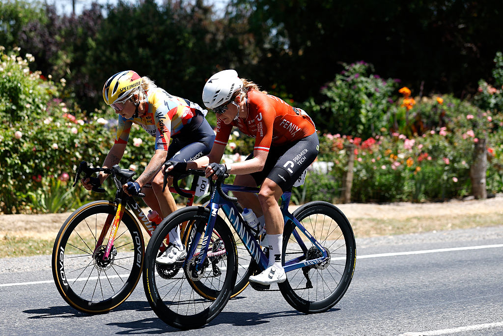 CAMPBELLTOWN, AUSTRALIA - JANUARY 19: (L-R) Mikayla Harvey of New Zealand and Team SD Worx - Protime and Carina Schrempf of Austria and Team Fenix-Premier Tech compete in the breakaway during the 10th Santos Women&amp;apos;s Tour Down Under 2026, Stage 3 a 126.5km stage from Norwood to Campbelltown / #UCIWWT / on January 19, 2026 in Campbelltown, Australia. (Photo by Con Chronis/Getty Images)