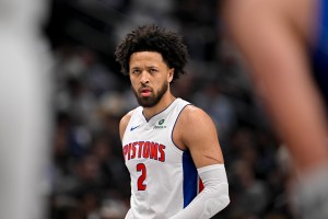 Mar 21, 2025; Dallas, Texas, USA; Detroit Pistons guard Cade Cunningham (2) looks on during the first quarter against the Dallas Mavericks at the American Airlines Center. Mandatory Credit: Jerome Miron-Imagn Images