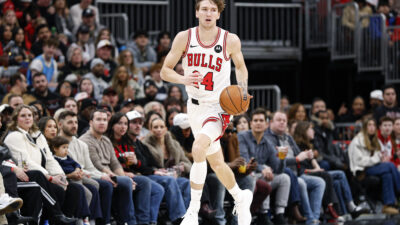 Jan 2, 2026; Chicago, Illinois, USA; Chicago Bulls forward Matas Buzelis (14) brings the ball up court against the Orlando Magic during the first half at United Center.