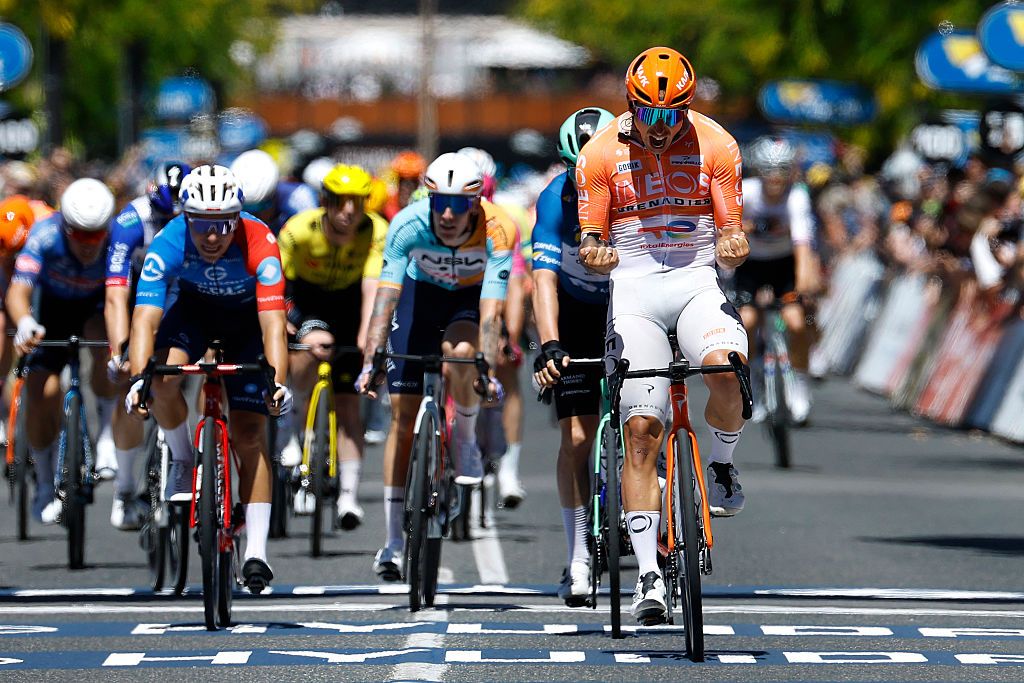 NAIRNE, AUSTRALIA - JANUARY 23: Sam Welsford of Australia and Team INEOS Grenadiers (R) celebrates at finish line as stage winner during the 26th Santos Tour Down Under 2026, Stage 3 a 140.8km stage from Henley Beach to Nairne / #UCIWT / on January 23, 2026 in Nairne, Australia. (Photo by Con Chronis/Getty Images)
